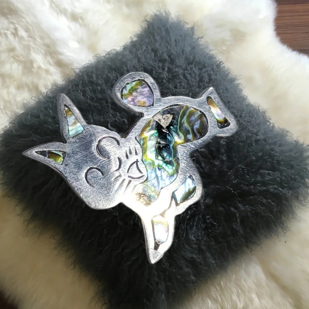 Rabbit Sterling Silver Brooch with Abalon Accents